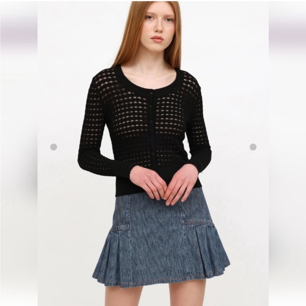 Sandro Viana Noir Lightweight Pointelle Button Up Scallop Edge Cardigan Sweater